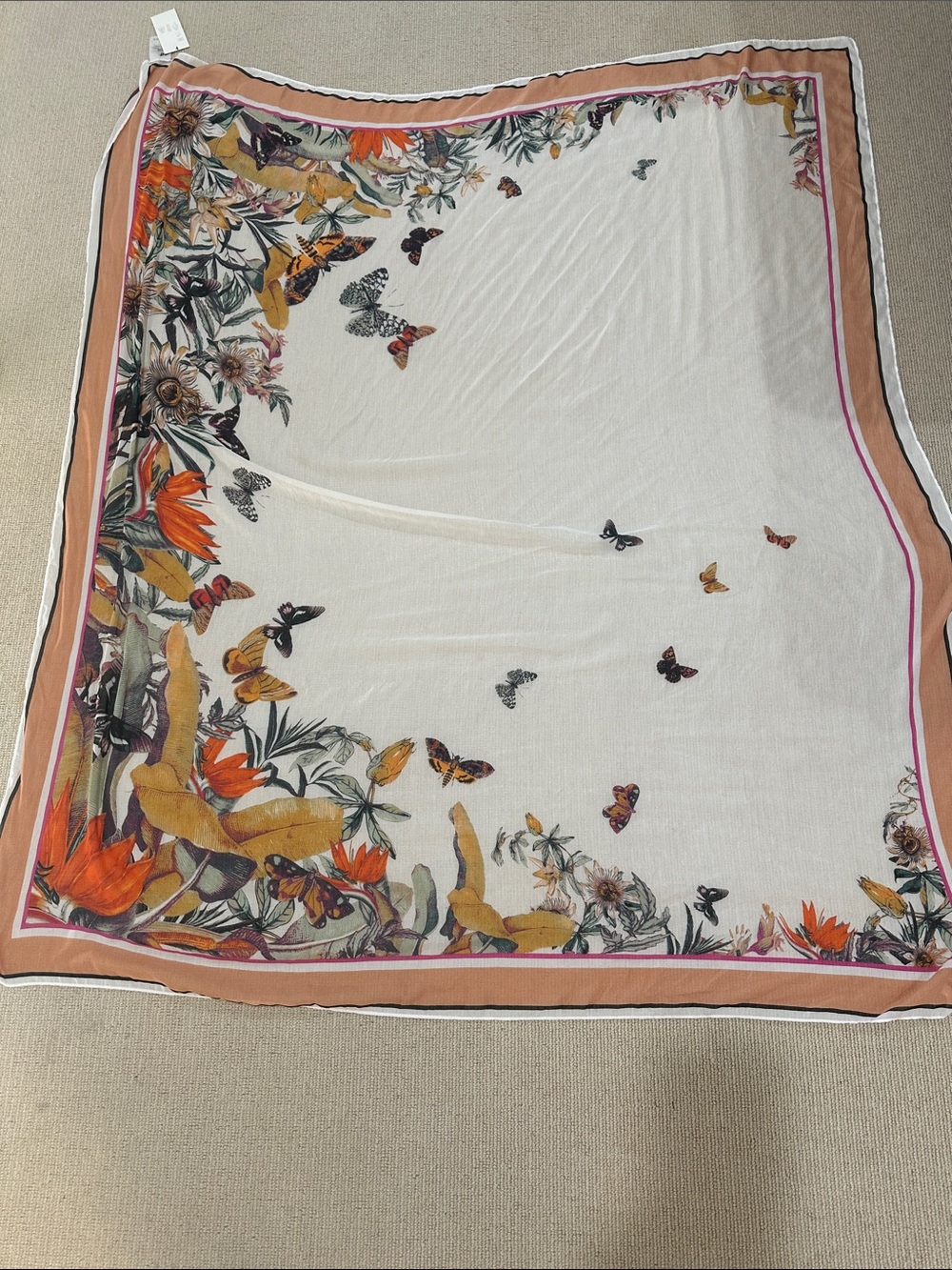 H&M Floral & Butterfly Print Lightweight Scarf - Cream with Orange Accents